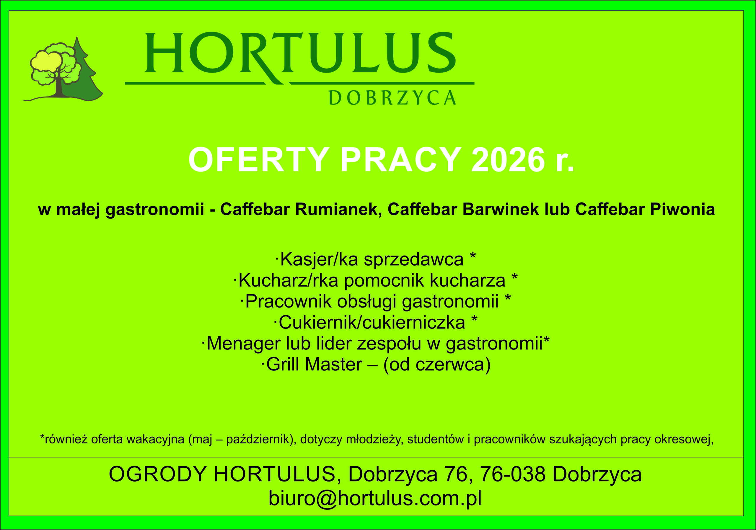 Pracownik gastronomii Hortulus w Dobrzycy – kasjer, kucharz, cukiernik, manager, grill master