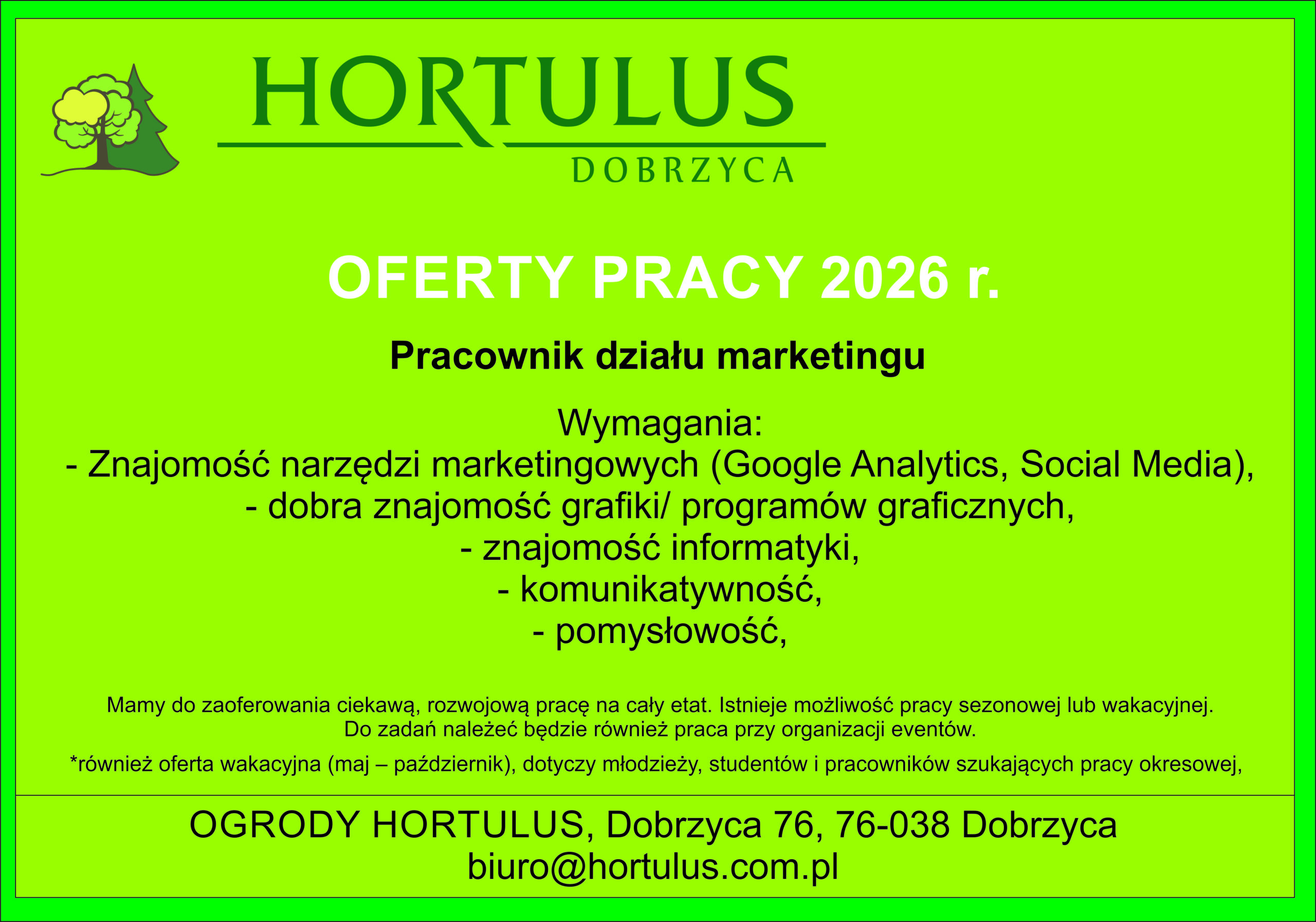 Pracownik działu marketingu Hortulus w Dobrzycy – promocja ogrodów i wydarzeń