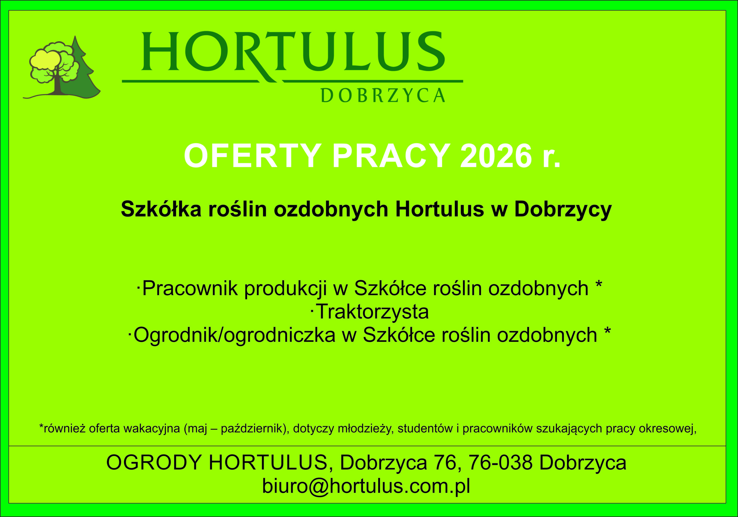 Oferta pracy - Pracownik szkółki roślin Hortulus w Dobrzycy – produkcja roślin, traktorzysta, ogrodnik
