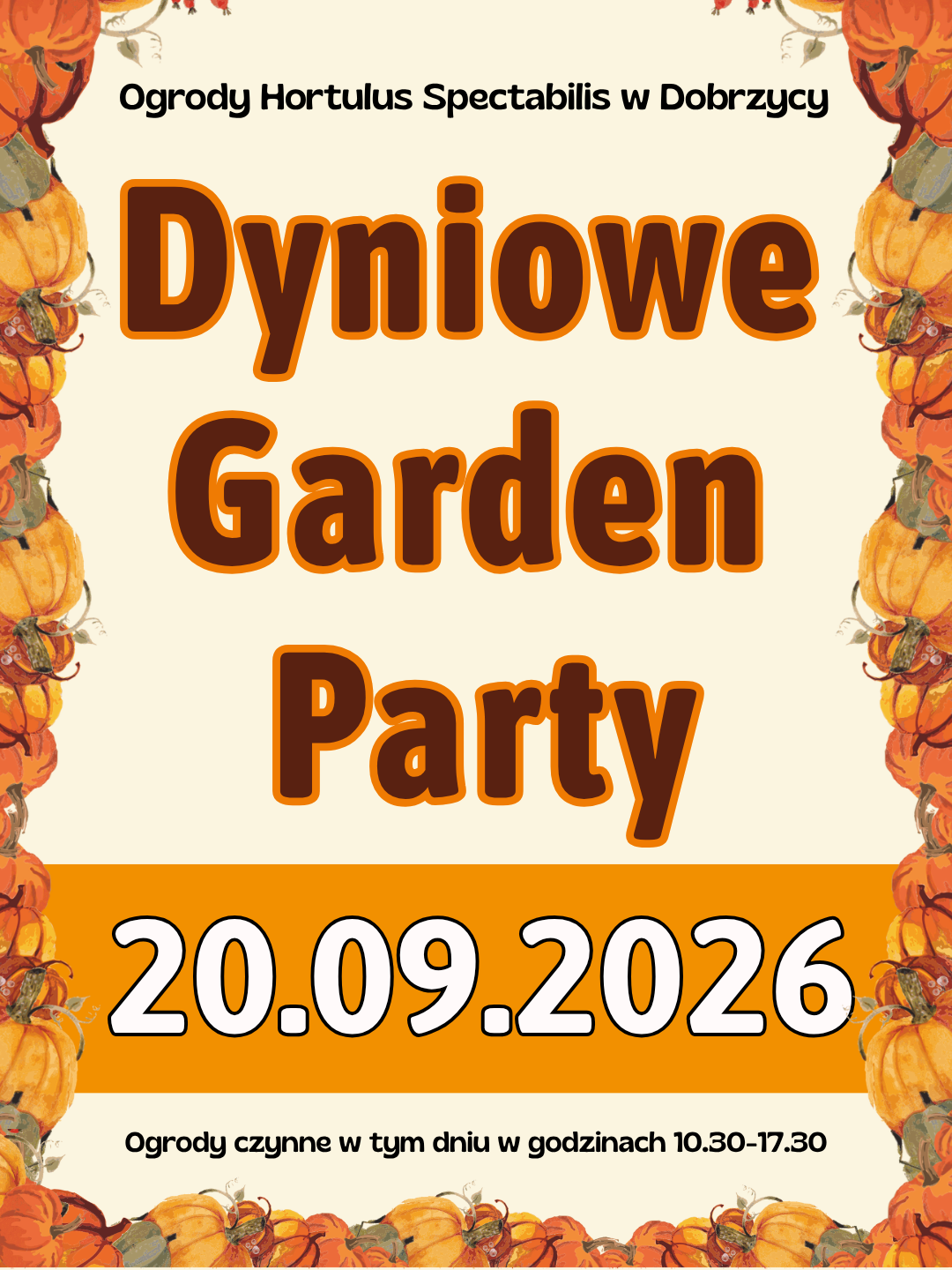 Dyniowe Garden Party już 20 września 2026 w Ogrodach Hortulus Spectabilis! Rodzinne atrakcje, Dyniowa Gonitwa, konkursy, warsztaty, rzeźbienie w dyni i jesienne smaki.